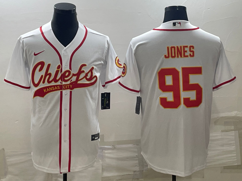 Men's Kansas City Chiefs #95 Chris Jones White With Patch Cool Base Stitched Baseball Jersey